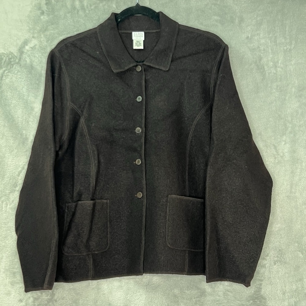 Eileen Fisher Womens PM Boiled Wool Jacket Sweater Dark Brown Chocolate‎ Pockets